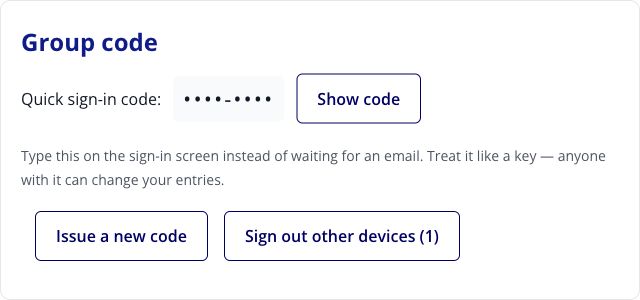 Under Account, the Group code section has a Show code button. The code is hidden in this example.