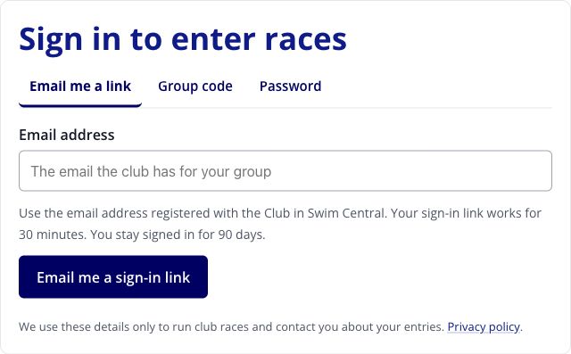 The three sign-in options: Email me a link, Group code and Password.