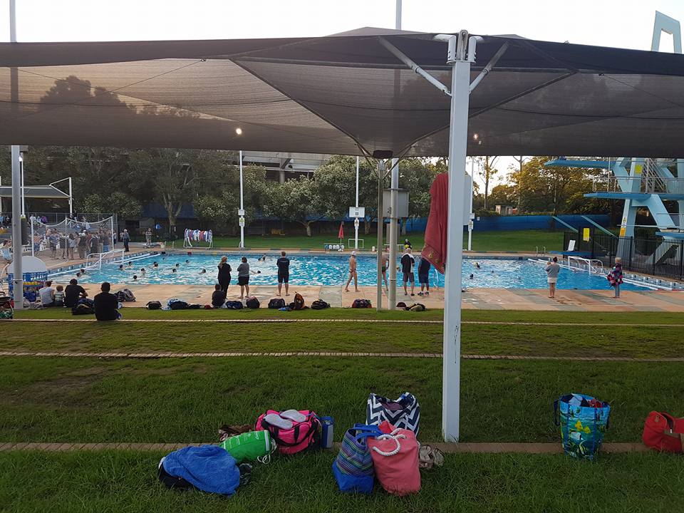 Families and swim bags on the lawn beneath a shade sail, with the old pool and its crowd beyond.