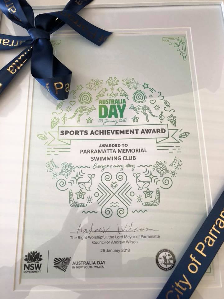 Framed certificate: Australia Day 26 January 2018, Sports Achievement Award, awarded to Parramatta Memorial Swimming Club, signed by the Lord Mayor of Parramatta, Councillor Andrew Wilson.